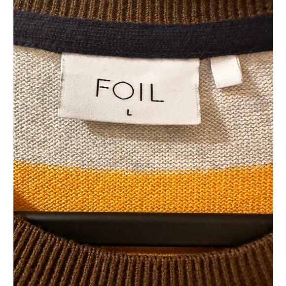 FOIL Colorblock Cotton Embroidered Open Weave Sweater Navy Yellow White, L - Picture 2 of 9